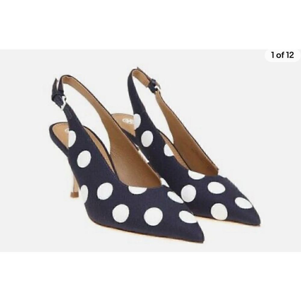 Tory Burch Navy Blue/White Polka Dot Canvas and Leather Spencer Slingback Pumps